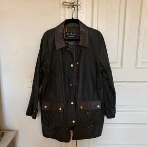 Barbour Olive Waxed Coat with Leather Trim